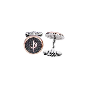 Silver Black Zircon Stone Alif Vav Themed Round Cufflink