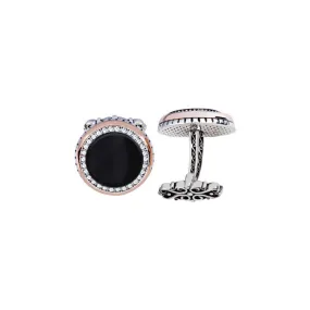 Silver Onyx Stone White Zircon Inlaid Round Cufflink