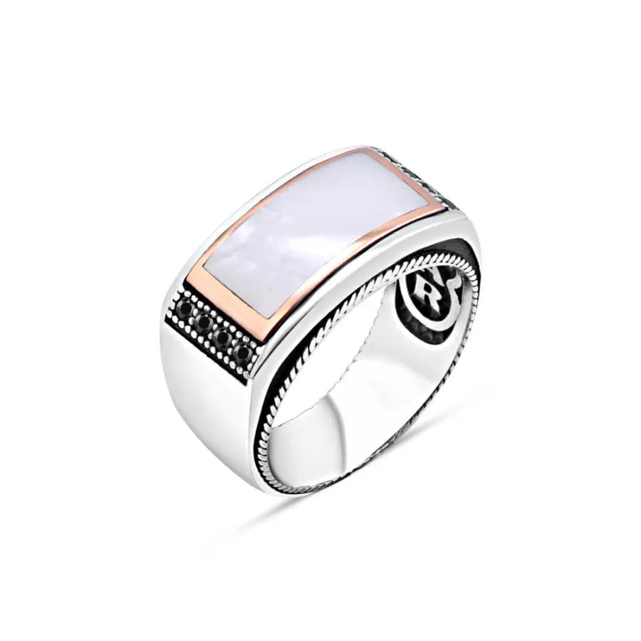 White Enamel with Zircon Stones Curved Silver Men's Ring