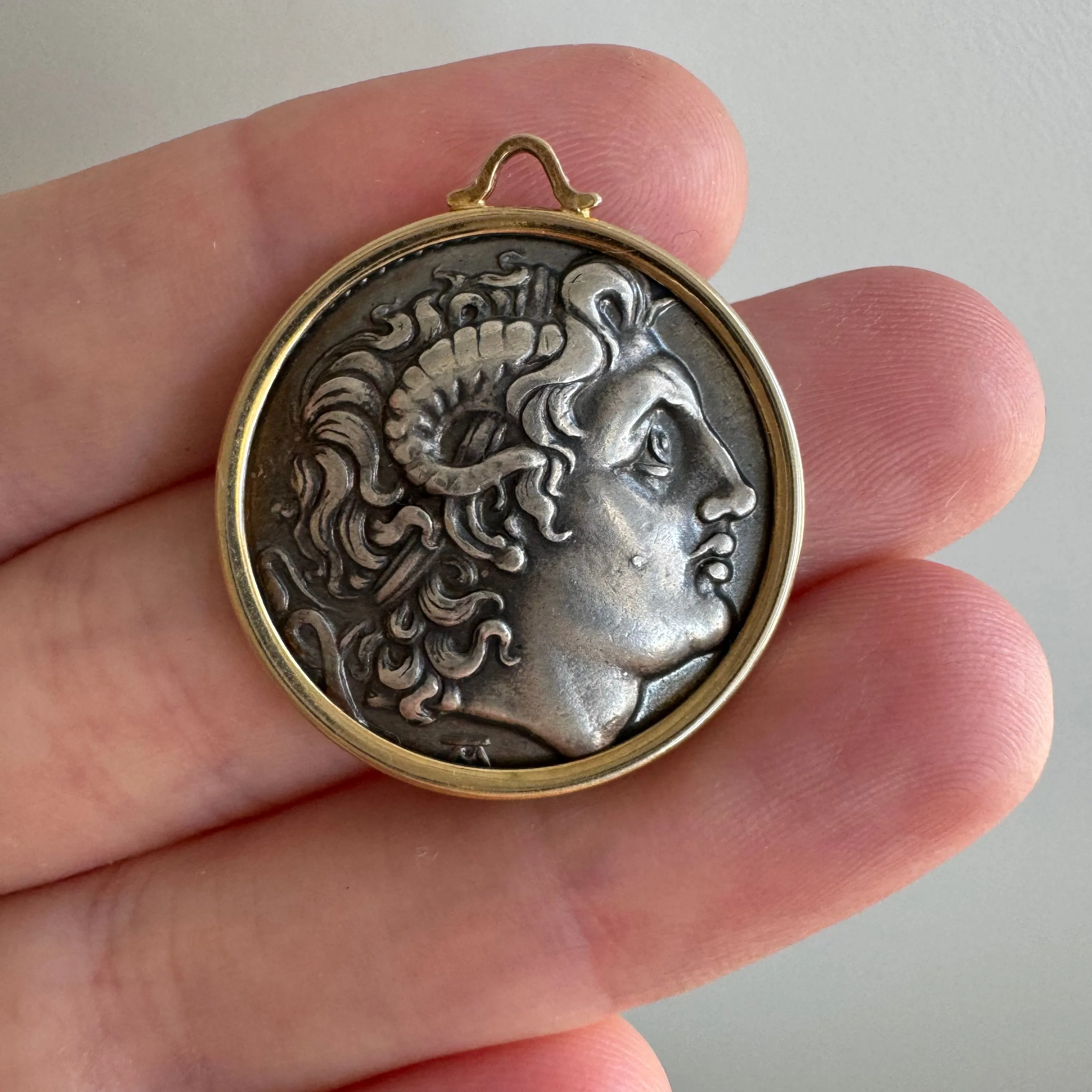 V I N T A G E // framed Lysimachus Alexander the Great / 14k frame and silver Roman coin replica / a pendant