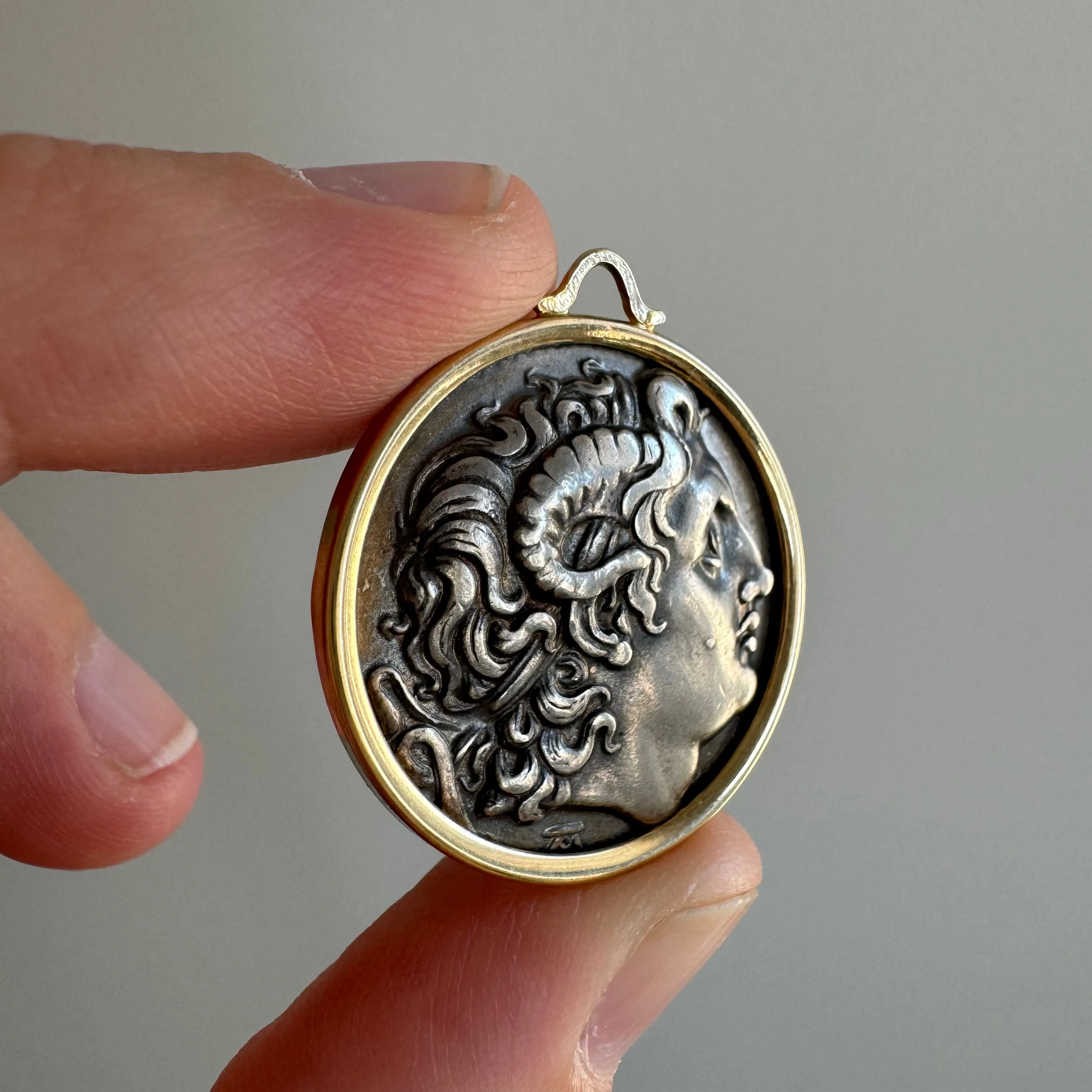 V I N T A G E // framed Lysimachus Alexander the Great / 14k frame and silver Roman coin replica / a pendant