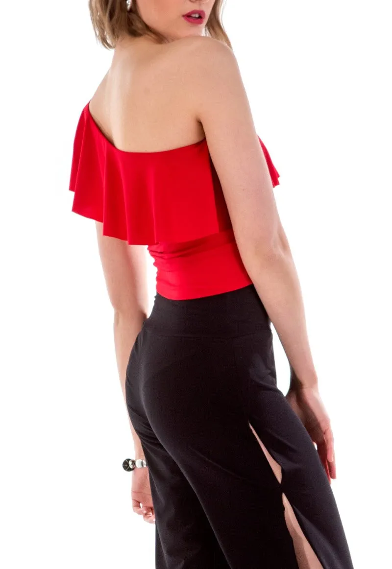 One Shoulder Crop Top With Ruffles