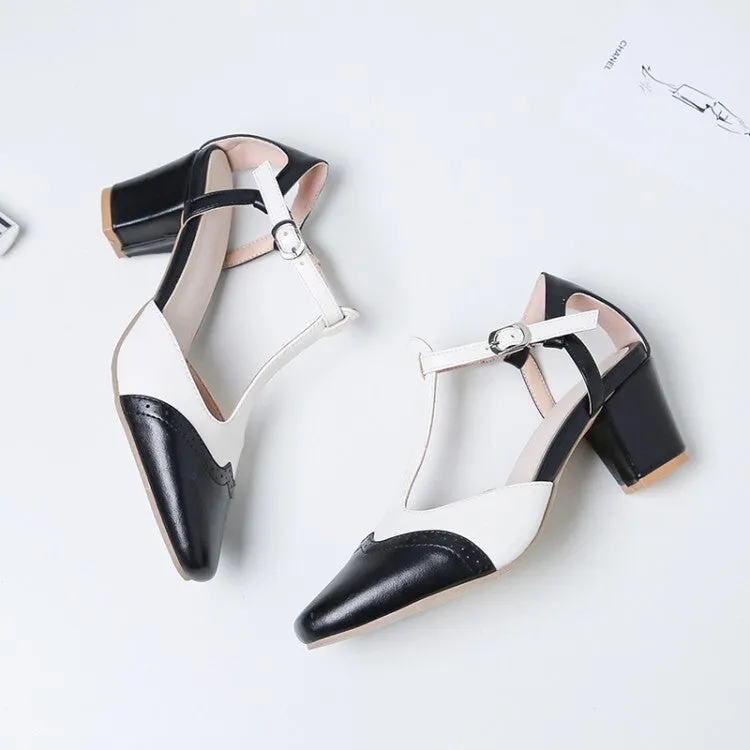 Women's Bicolor Pointed Toe T Strap Block Chunky Heel Sandals