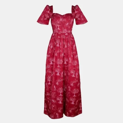 Beatrice Maxi Dress With Sweetheart Neckline / Ruby Red   Alabaster Cotton Toile