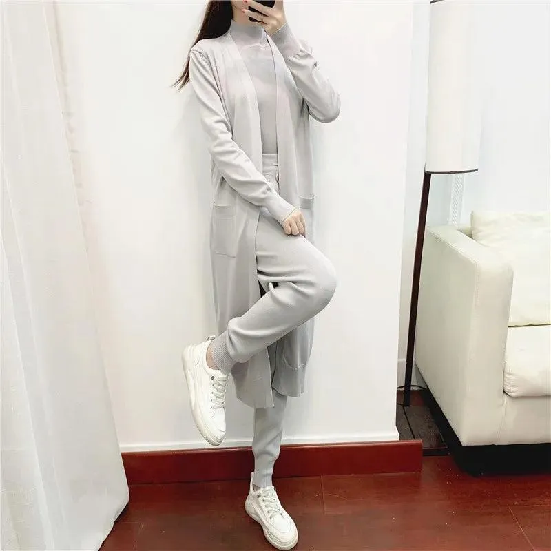 3 Piece Long Cardigan Women Pants Sweater Set