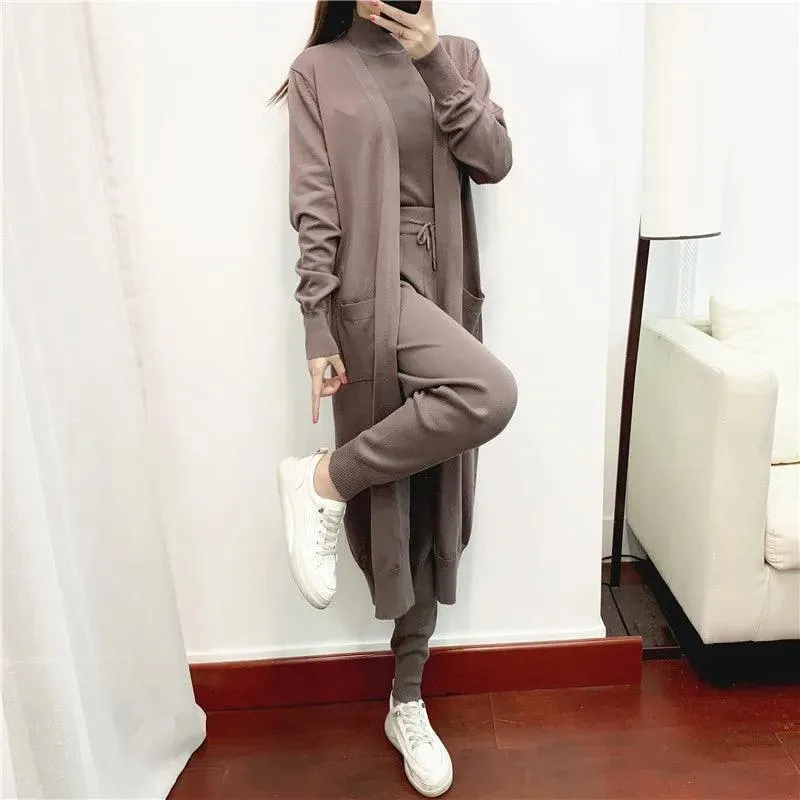 3 Piece Long Cardigan Women Pants Sweater Set