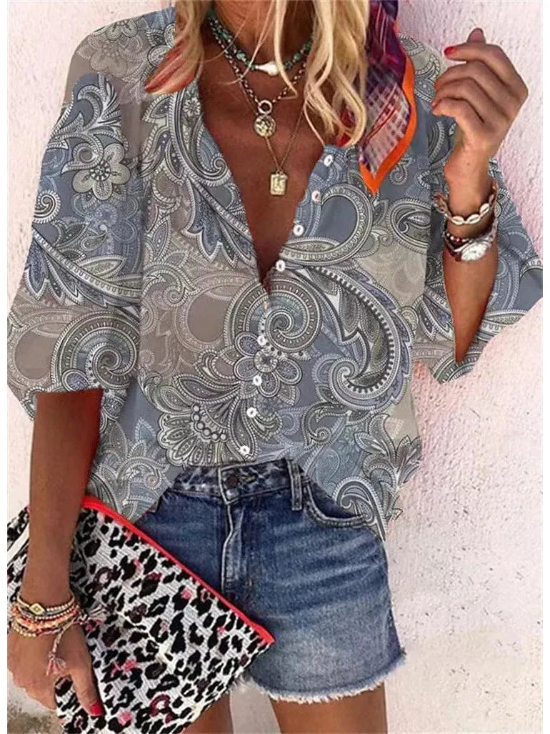 Women's Pink Red Blue Print Shirt Blouse