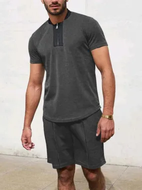 Waffle V-Neck Zipper T-Shirt Men Clothing Set