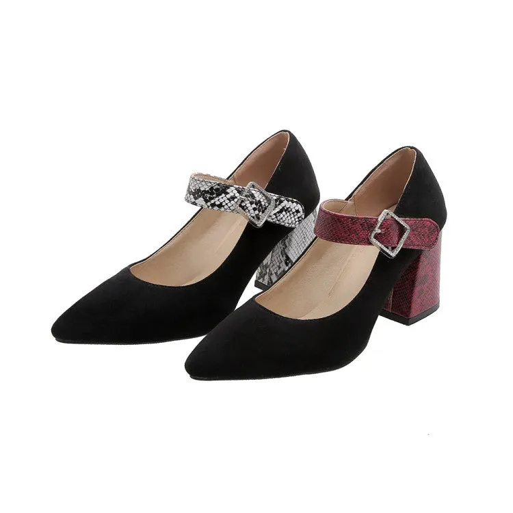 Women's Buckle High Heeled Chunky Heels Pumps