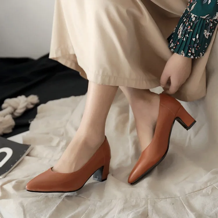 Women's Soft Leather High Heeled Chunky Heels Pumps