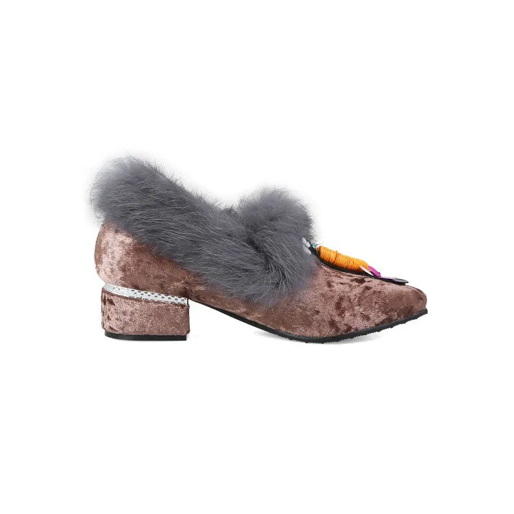 Women's Furry Mid Heeled Chunky Heels Lofers Shoes