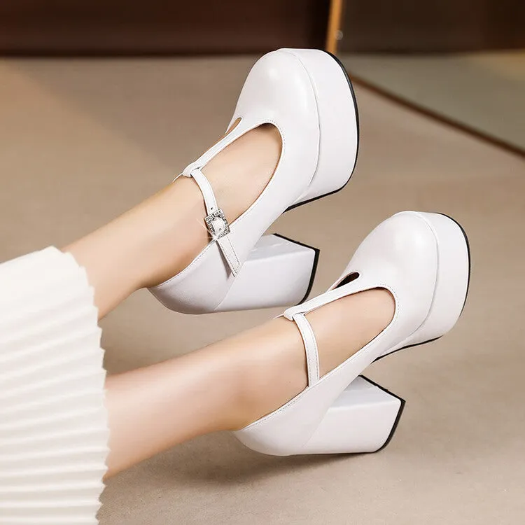 Women's T Strap Rhinestone Buckle Chunky Heel Platform Pumps