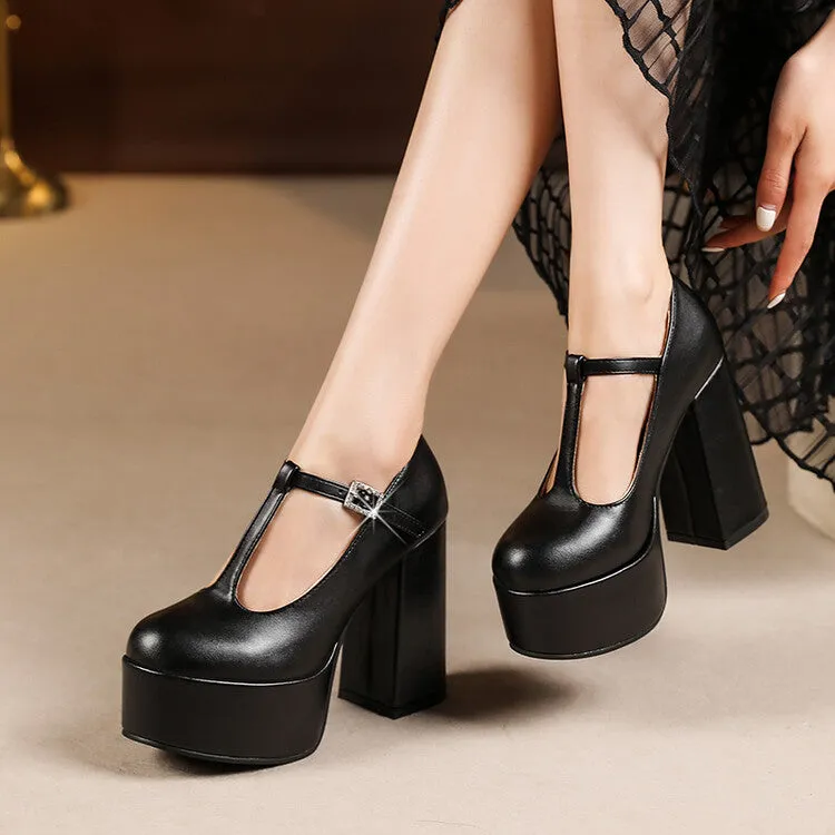 Women's T Strap Rhinestone Buckle Chunky Heel Platform Pumps