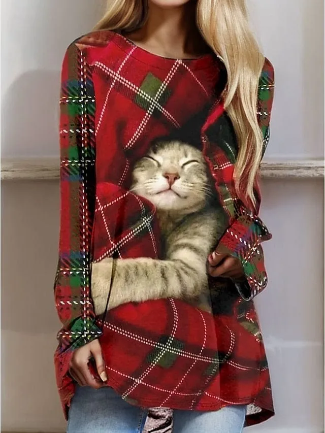 Red Plaid Cat Print Women's Long Sleeve T-shirt