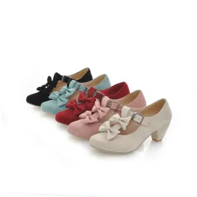 Women's T Strap Bowtie Block Heels Pumps