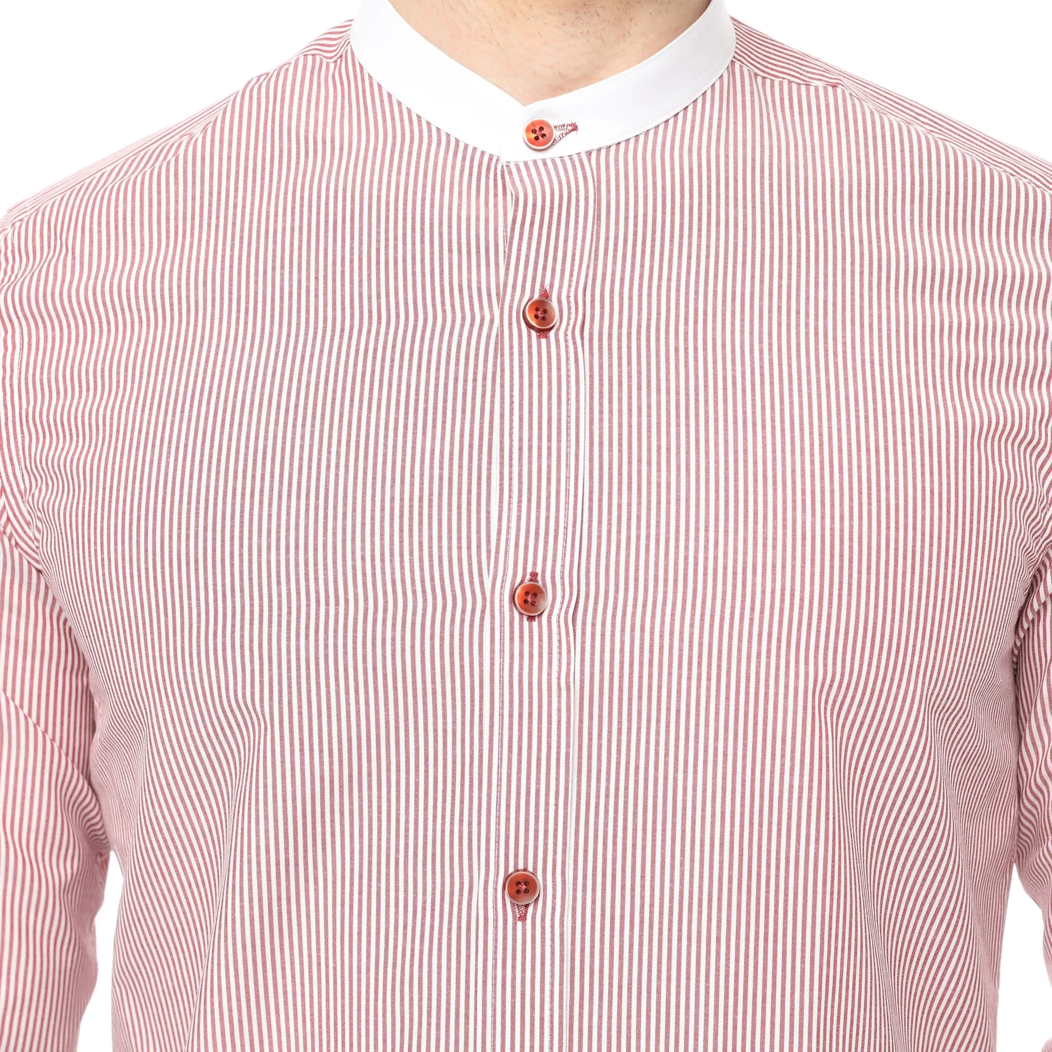 Xact Mens White Collar Striped Grandad Shirt - Long Sleeved