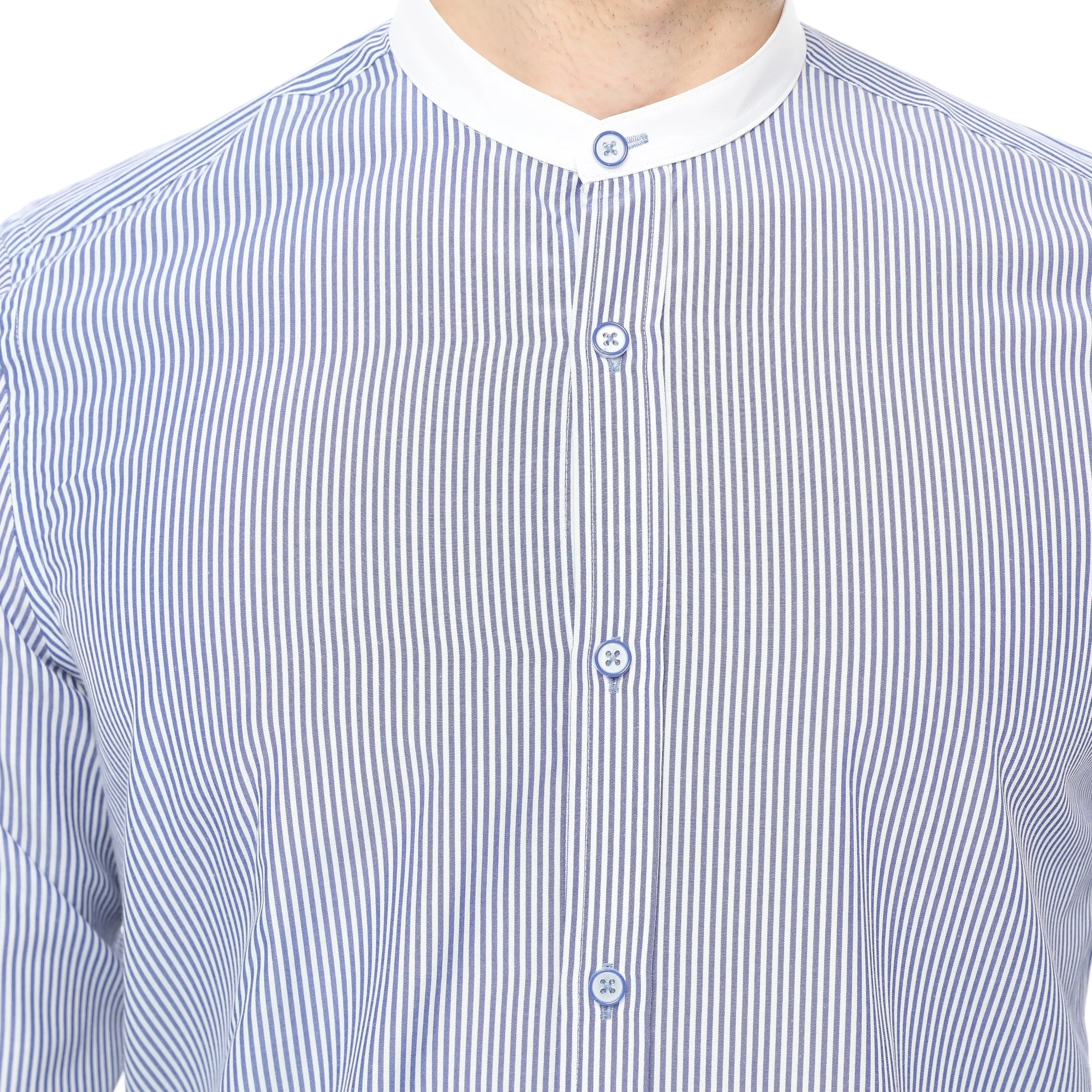 Xact Mens White Collar Striped Grandad Shirt - Long Sleeved