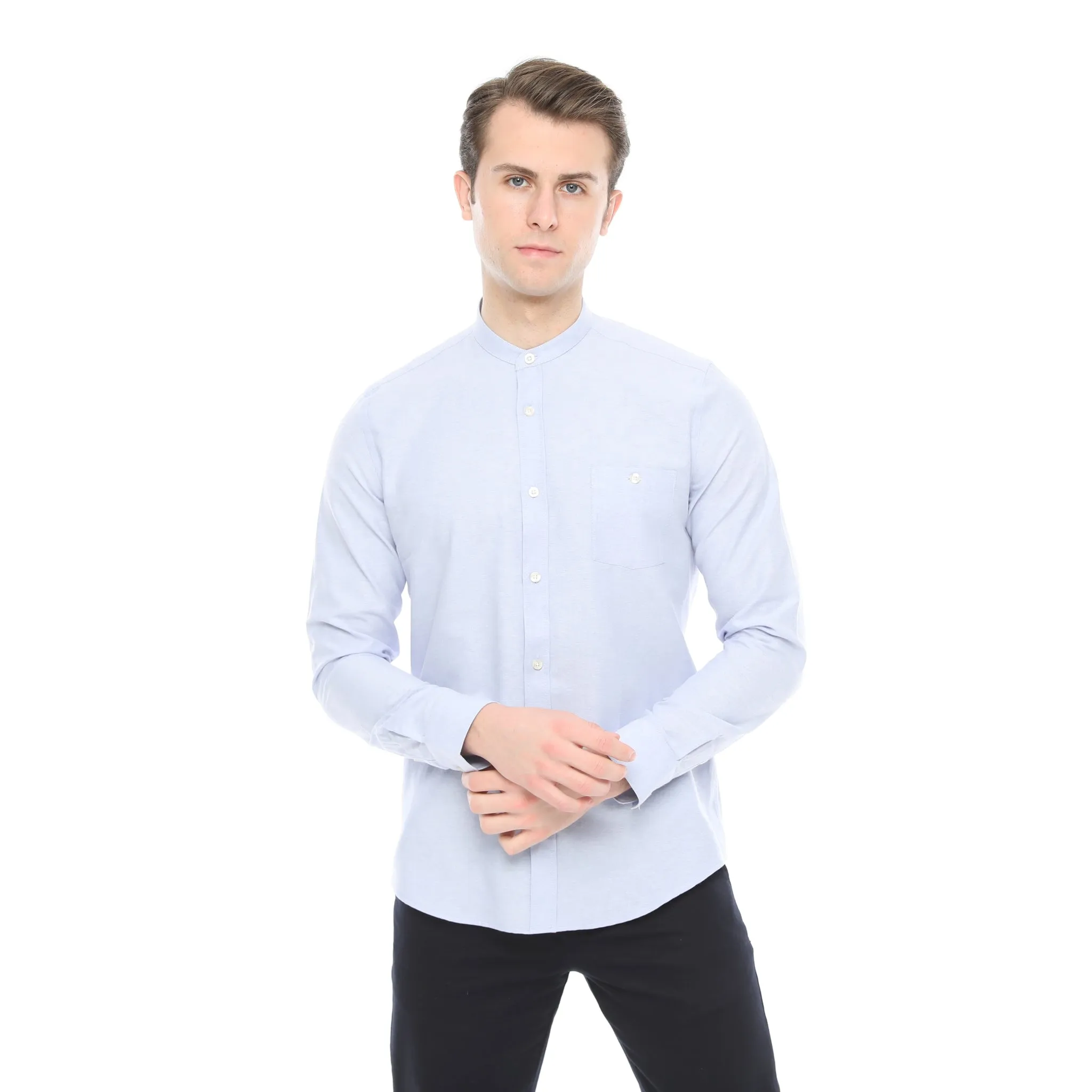 Xact Mens Grandad Collar Nehru Oxford Shirt 'Gustus' Long Sleeved - Slim Fit