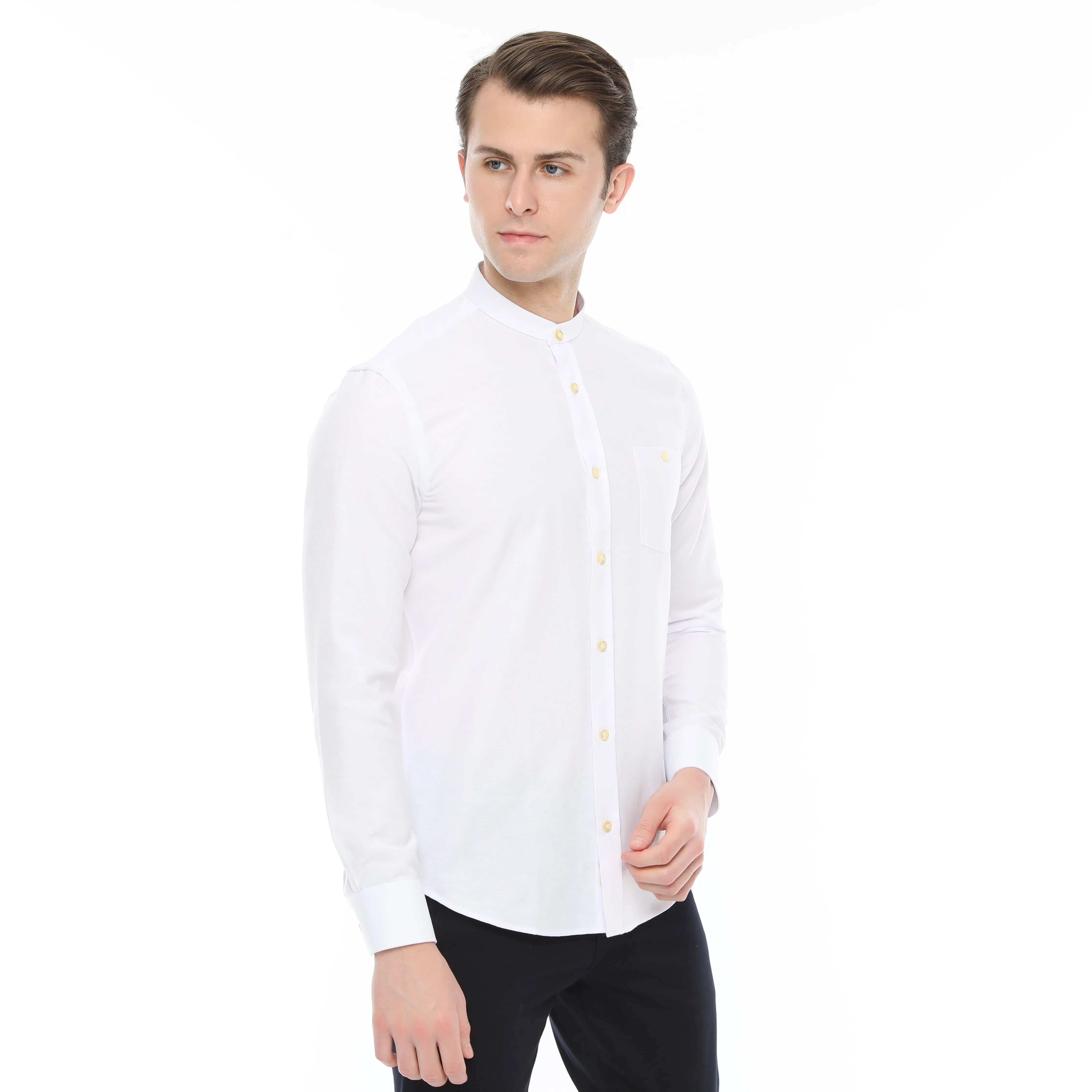 Xact Mens Grandad Collar Nehru Oxford Shirt 'Gustus' Long Sleeved - Slim Fit