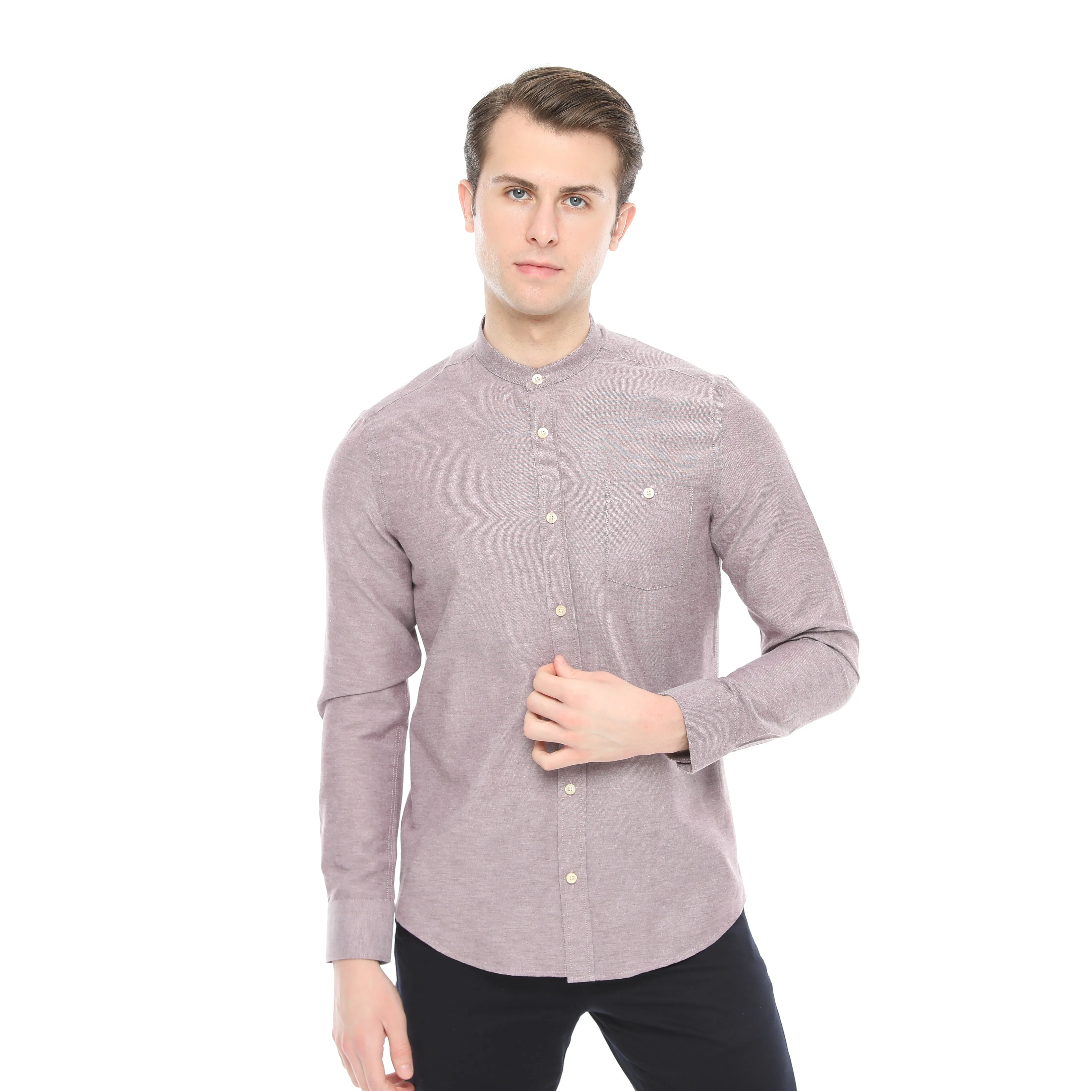 Xact Mens Grandad Collar Nehru Oxford Shirt 'Gustus' Long Sleeved - Slim Fit