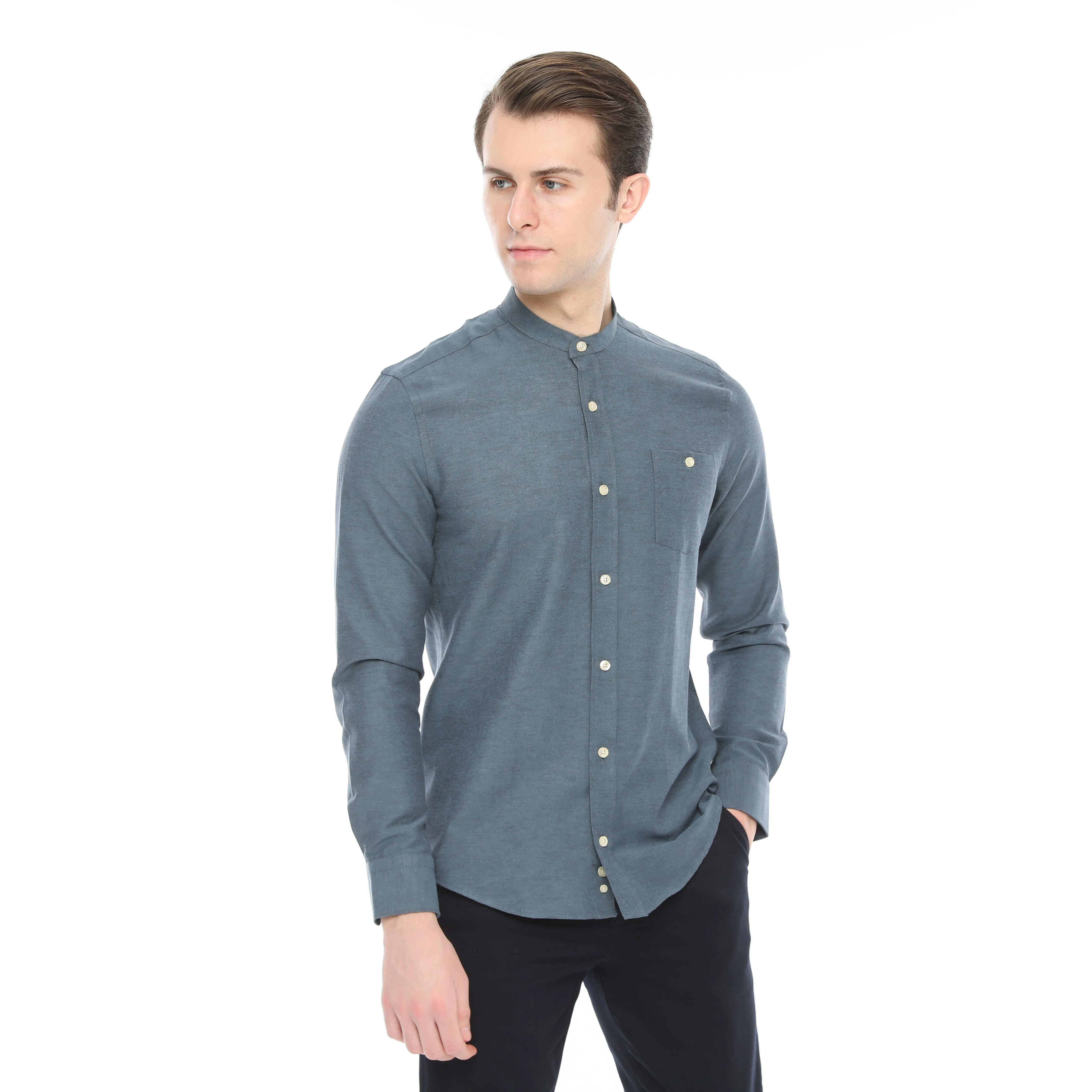 Xact Mens Grandad Collar Nehru Oxford Shirt 'Gustus' Long Sleeved - Slim Fit